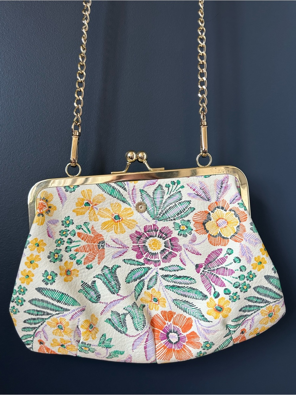 LC Lauren Conrad Cream Floral Embroidered Clutch with Gold Chain